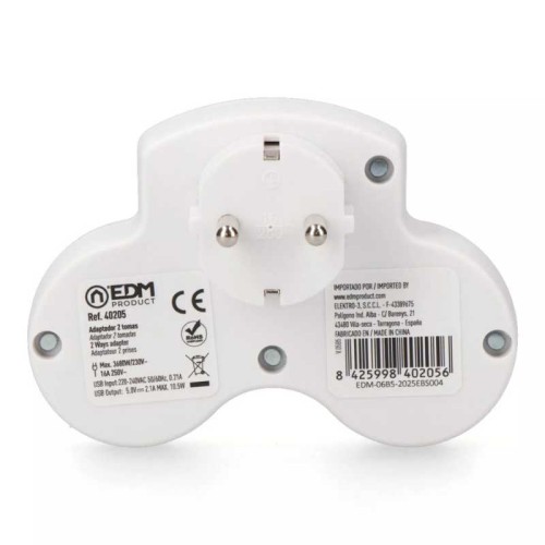 Adaptador 2 tomas Schuko con USB A + C blanco