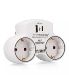Adaptador 2 tomas Schuko con USB A + C blanco